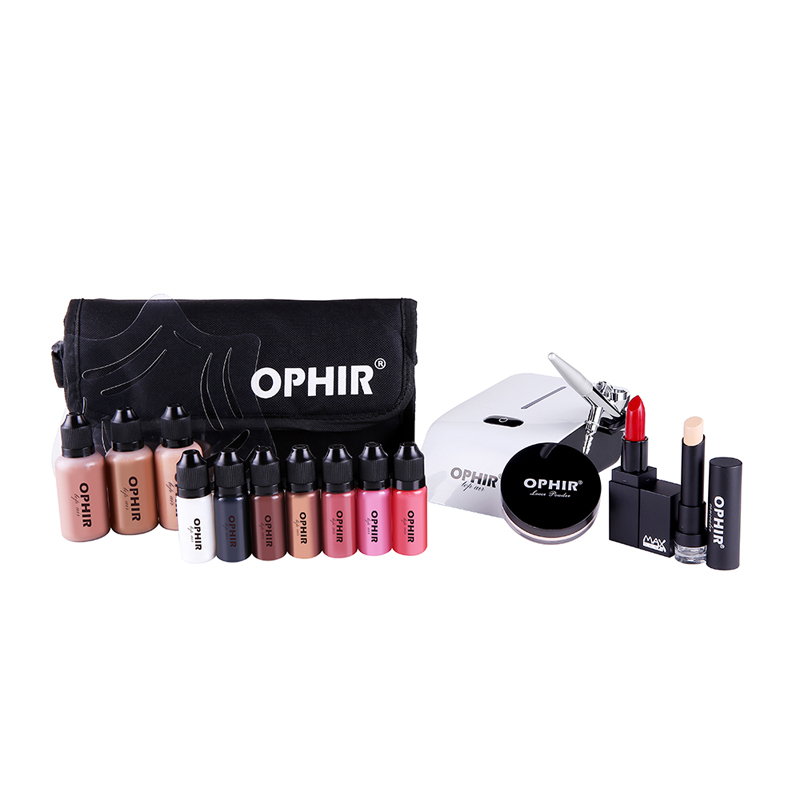 Airbrush Kit Compressor - Ophir-プロのメイクアップシステム,0.3mm,ミニエアコンプレッサーとコンシーラー,ファンデーションブラッシュ,アイシャドウセット,バッグ付き