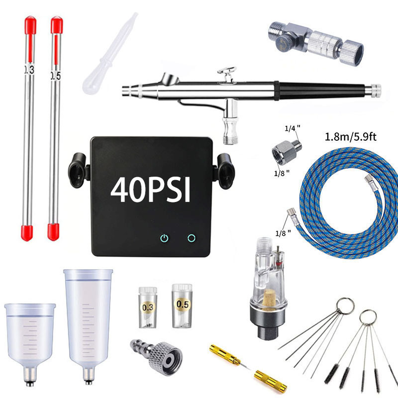 Spray Gun Air Compressor Kit - T001Aエアブラシペイントスプレーガンキット、塗装用エアコンプレッサーエアブラシセット、ネイルアート、一時的なタトゥー、家具修理用