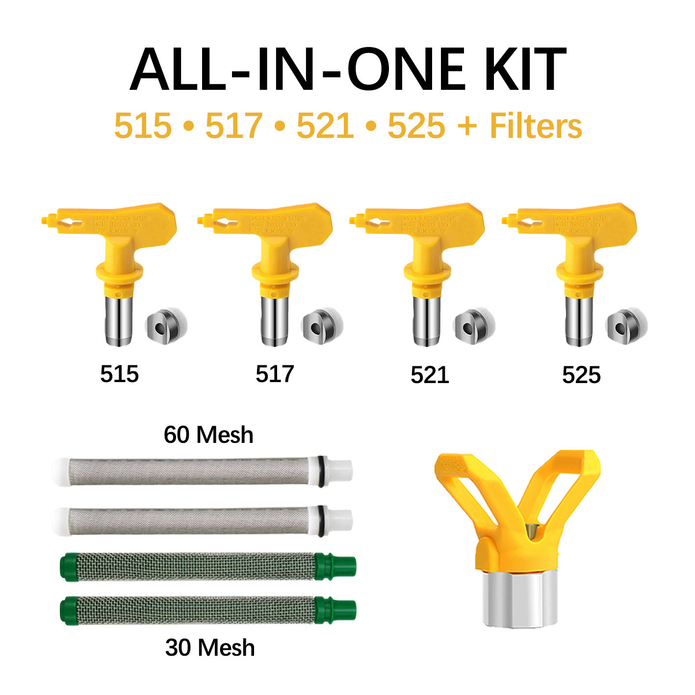Paint Sprayer Nozzle Kit - エアレススプレーチップキット 515 517 521 525、30/60メッシュフィルター付き、リバーシブルペイントスプレーノズルセット（内外装塗装用）