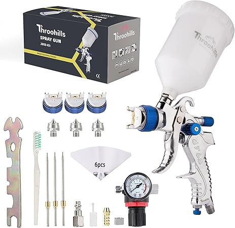 Hvlp Spray Gun Gravity Feed - 600mlのプラスチック製塗料カップと3種類のノズル、重力供給式スプレーガン、圧力計1個、および自動車、車体塗装、プライマー、ベースコート塗装用の塗料フィルター6個が付属のHVLP塗料ガン。
