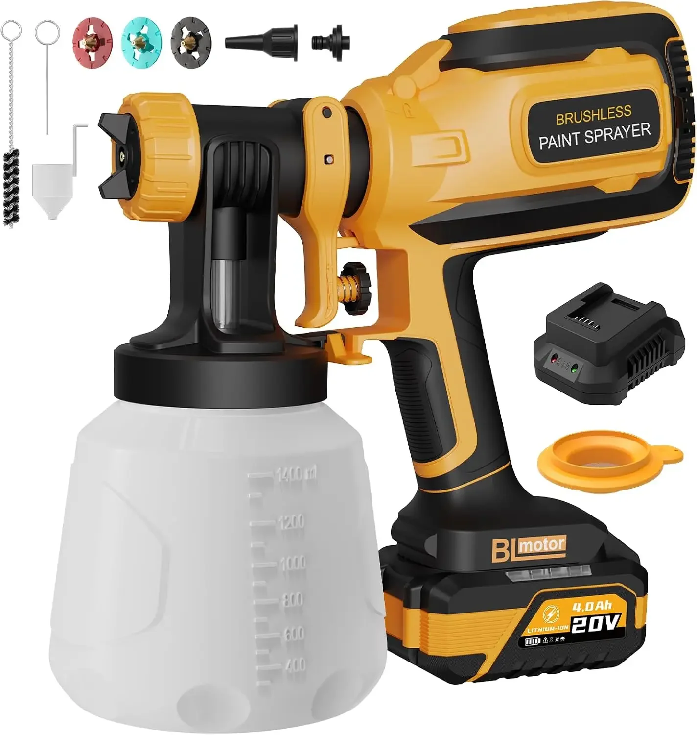 Cordless Paint Sprayer 20V - 米国発送コードレスペイントスプレーヤー、ブラシレスモーター搭載スプレーガン＆20V 4.0Ahバッテリー | 1400ml容器、簡単なセットアップとCl付き