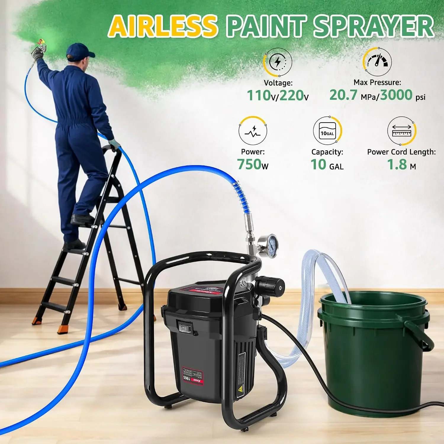 米国発送 750W エアレスペイントスプレーヤー 1台 |  - Airless Paint Sprayer 3000Psi のレビューと価格